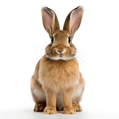 Photo of a cute brown rabbit sitting on a white floor