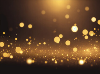 Shiny flow of glitter particles and bokeh golden shiny background on dark backdrop