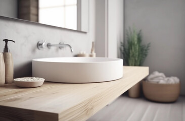 Fototapeta na wymiar Minimalist Modern Bathroom with Wooden Countertop. Generative Ai.