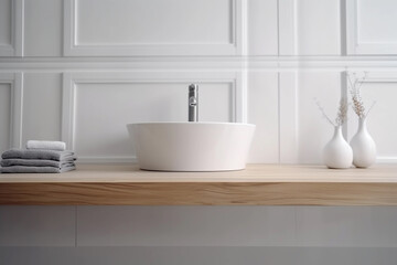Stylish bathroom with oval washbasin on wooden dressing table. Generative Ai.
