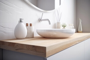 Fototapeta na wymiar Elegant modern bathroom with oval sink and wooden dressing table. Generative Ai.