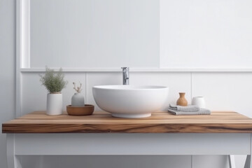 Fototapeta na wymiar Wooden-Styled Modern Bathroom with White Wall Backdrop. Generative Ai.