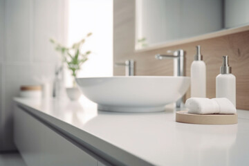 Fototapeta na wymiar Modern minimalist bathroom with white sink and wooden countertop. Generative Ai.