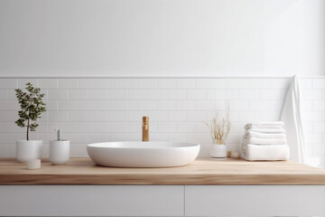 Fototapeta na wymiar Modern Minimal Bathroom with White Tiles and Gold Tap. Generative Ai.
