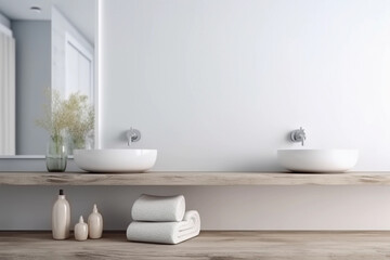 Fototapeta na wymiar Bright Minimalist Bathroom with Dual Sinks and Wooden Vanity. Generative Ai.