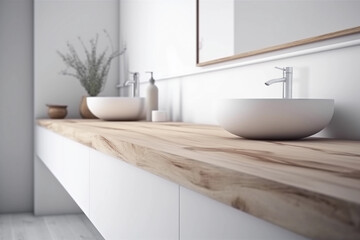 Bright Loft-Style Bathroom with Wooden Countertop. Generative Ai.
