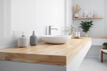 Fototapeta na wymiar Scandinavian Style Bathroom with Wooden Countertop. Generative Ai.
