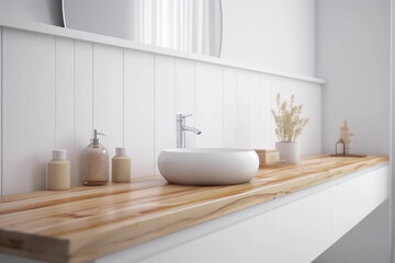 Fototapeta na wymiar Modern Bathroom with White Tiles and Round Mirror. Generative Ai.