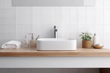 Fototapeta na wymiar Contemporary Bathroom with Natural Wood. Generative Ai.