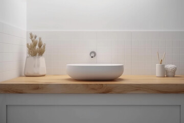 Fototapeta na wymiar Mockup Display in Modern Bathroom with Wooden Countertop. Generative Ai.