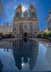 Luneville, France - 09 02 2023: View of the facade of Saint-Jacques Church reflecting on the...