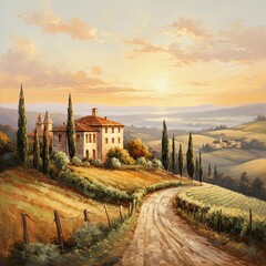 Rustic Countryside Villa at Sunset, with Cypress-Lined Driveway and Rolling Hills