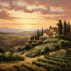 Door stickers Toscane Painting of House in Vineyard at Sunset, Rural Landscape, Tuscany, Italy, Italian style painting in rural Italy, Generative AI 