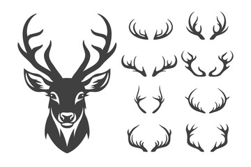 Vector Christmas Reindeer Horns, Antlers. Deer Horn Silhouettes. Hand Drawn Deer Horn, Antler Set. Animal Antler Collection. Design Elements of Deer. Wildlife Hunters, Hipster, Christmas Concept