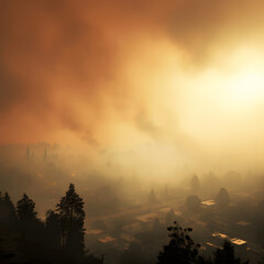 Photo of a cityscape with heavy smoke pollution in the distance