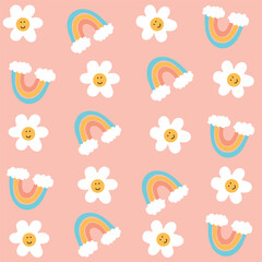 Pattern with cute little smiling flowers and rainbows in kawaii style with a pink background ready to print t-shirts, mugs and more