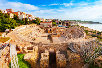 Tarragona Amphitheatre aerial panoramic view, Spain - 647841635