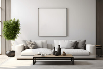 mockup photo of a modern living room with a sleek white couch ,minimalist coffee table and empty wall art