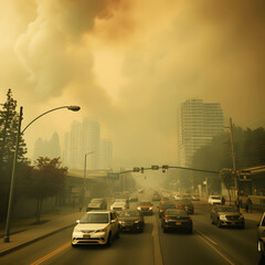 Photo of a busy city street with heavy traffic under a polluted sky