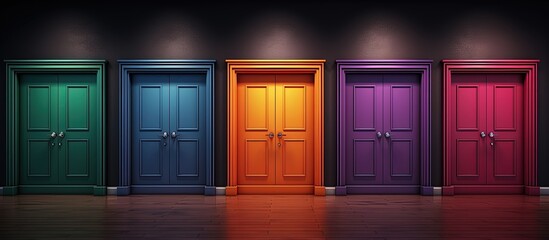 Multiple closed doors of various colors against a dark wall ing - obrazy, fototapety, plakaty