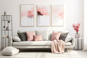 Grey sofa with pink pillows and blanket against white wall with abstract art poster. Interior design of modern living room.