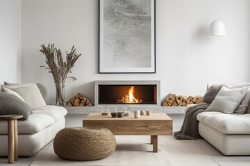 Fireplace against white sofa and rustic wooden coffee table. Scandinavian style home interior design of modern living room.