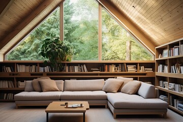 Corner sofa and rustic coffee table against wood lining wall with book shelves, scandinavian home interior design of modern living room in attic.