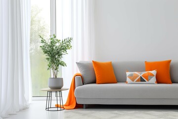 Cozy sofa with orange cushions near white wall with curtain against window. Scandinavian style home interior design of modern living room - obrazy, fototapety, plakaty