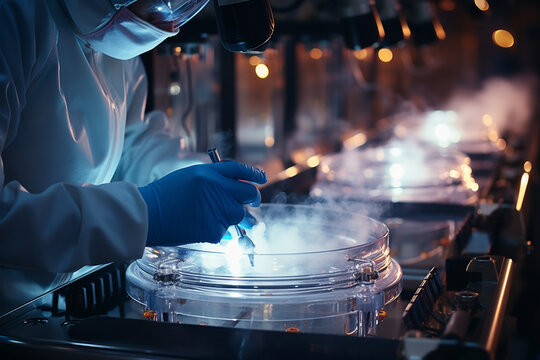 IVF treatment. Artificial insemination. Close-up hand working with liquid nitrogen from cryogenic tank at sciences laboratory. High tech medical lab equipment used in vitro fertilization process