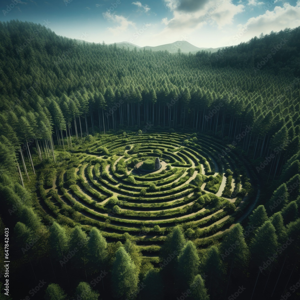 Poster a circular maze in the middle of a forest. generative ai.