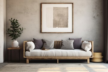 Grey sofa near beige stucco wall and big poster frame on it. Boho, rustic interior design of modern living room.