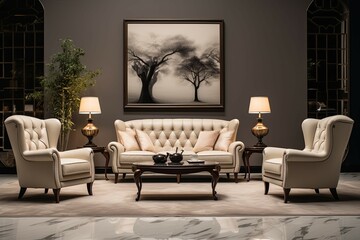 Obraz premium Beige tufted chesterfield sofa and brown wing chairs. Art deco interior design of modern living room.