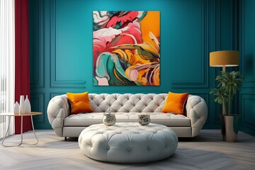 Chic white curved tufted sofa and pouf against teal classic wall panels with vibrant colorful art poster. Art deco style home interior design of modern living room