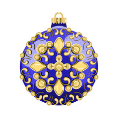 Fototapeta premium Blue Christmas ball with gold ornaments isolated on white background. Vector illustration.