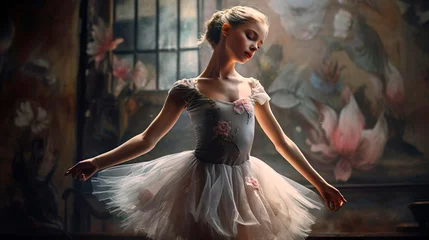 Fotobehang Graceful gentle classical ballet little female dancer ballerina in pink tutu. Beautiful girl listens to classical music and gets ready to dance. © Irina