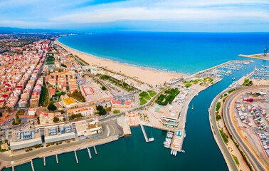 Valencia city beach aerial panoramic view, Spain
