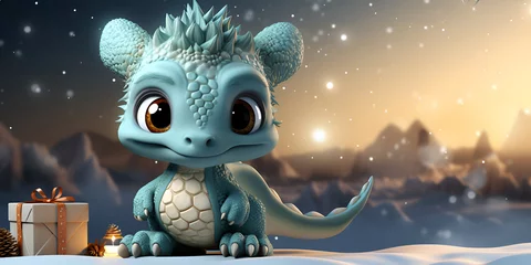 Fotobehang 3d illustration of a cute dragon on a winter background © Anna Lurye