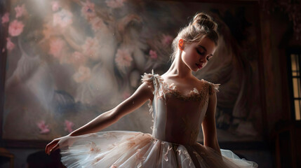 Graceful gentle classical ballet little female dancer ballerina in pink tutu is performing a...