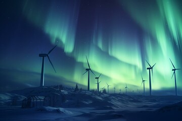 Winter night hill wind power plant, with northern lights in the sky. Generative AI