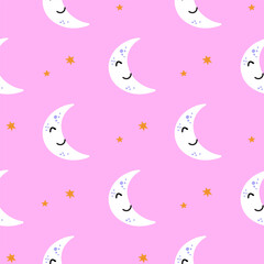 Simple seamless pattern with crescent and yellow stars on pink background. Halloween concept. Hand drawn vector illustration for baby cover, stationary, wallpaper, prints, wrapping, textile