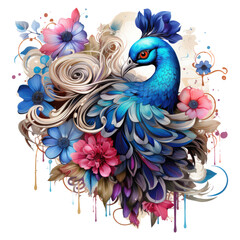 A captivating peacock flower t-shirt design, petals in vibrant magentas and purples, with hints of iridescent blues, Generative Ai