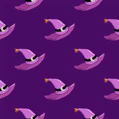 Simple seamless pattern with witch hat. Halloween trendy concept. Hand drawn vector illustration for cover, stationary, wallpaper, prints, wrapping, textile