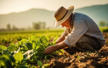 Naklejka na ściany i meble A farmer harvesting crops. Generative AI
