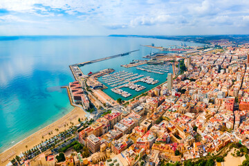 Alicante city port aerial panoramic view, Spain