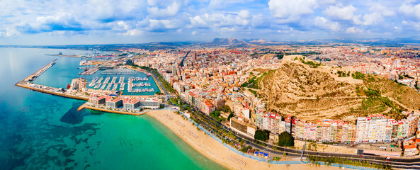 Alicante city port aerial panoramic view, Spain