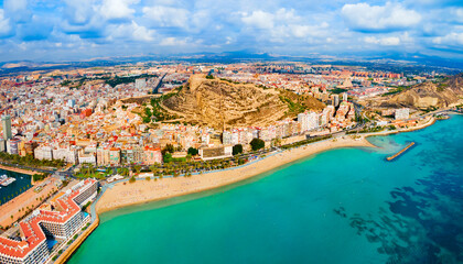 Alicante city beach aerial panoramic view, Spain