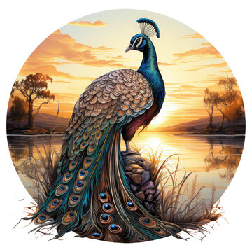 A tranquil peacock full body t-shirt design set during sunset on a serene lakeside, the peacock peacefully resting by the water's edge, Generative Ai