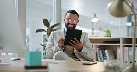 Happy, businessman and reading social media with tablet or meme, online and funny communication or email with contact. Professional, man and smile for news post on internet, app or scroll on web - Powered by Adobe