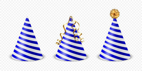 Vector 3d Realistic Blue and White Birthday Party Hat Icon Set Isolated on White Background. Party Cap Design Template for Party Banner, Greeting Card. Holiday Hats, Cone Shape, Front View