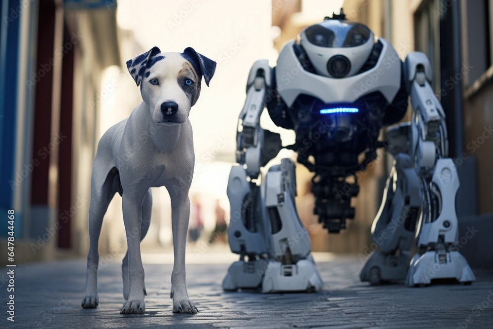 Poster a dog standing in front of a robot. generative ai.